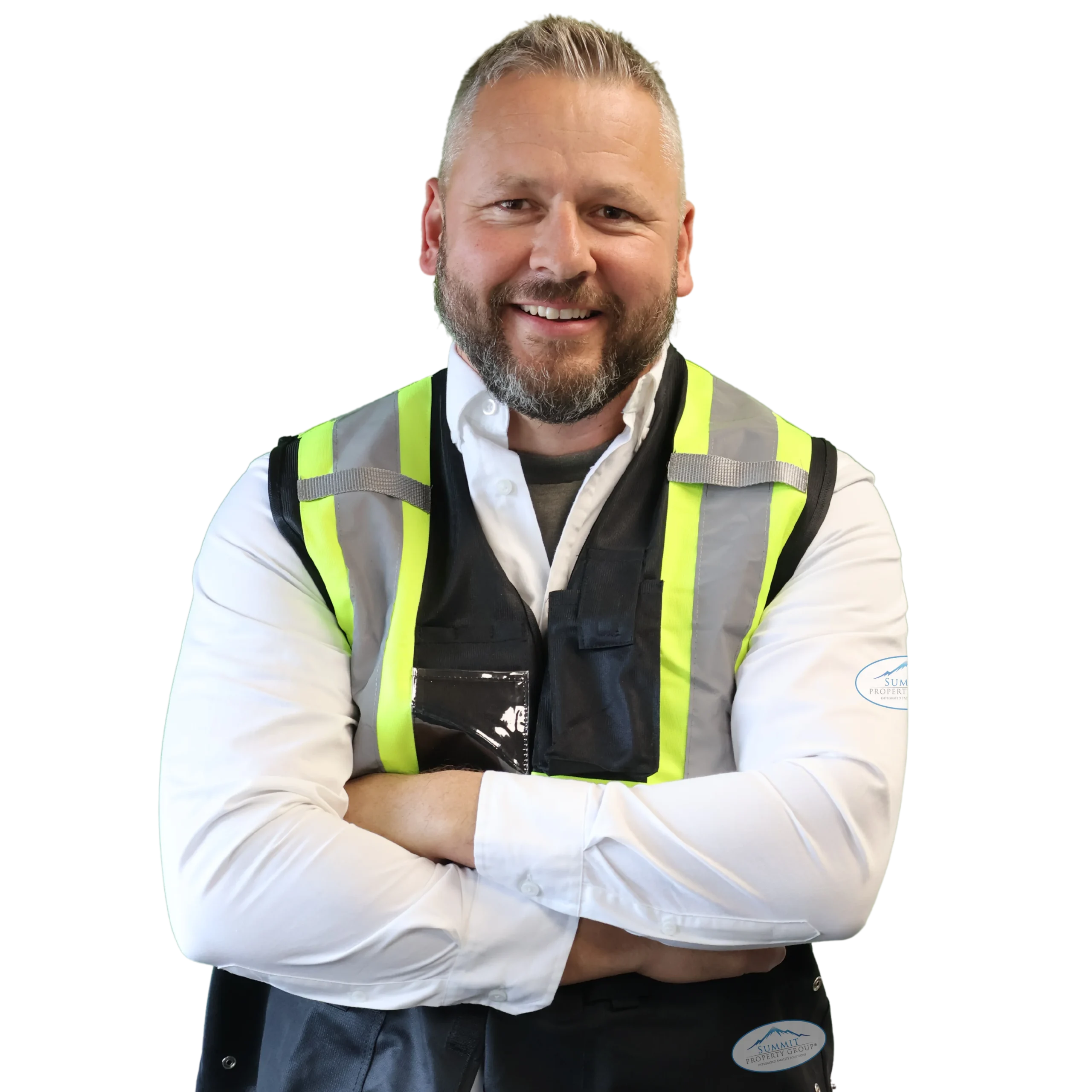 Edited photo (16) Smiling property manager wearing a reflective safety vest and white shirt, representing professional property management and maintenance services.